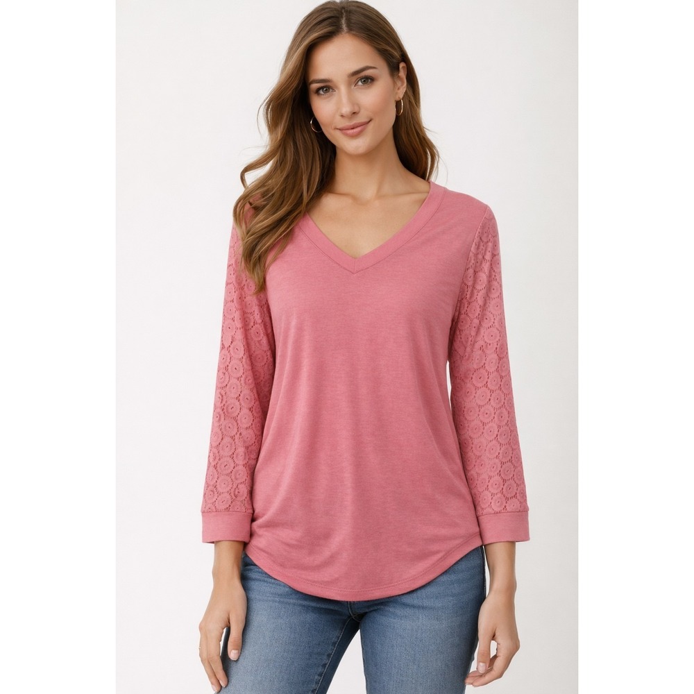XIEERDUO Women's Pink‎ V-Neck Lace Sleeve Top Size L Casual Boho Long Sleeve NWT